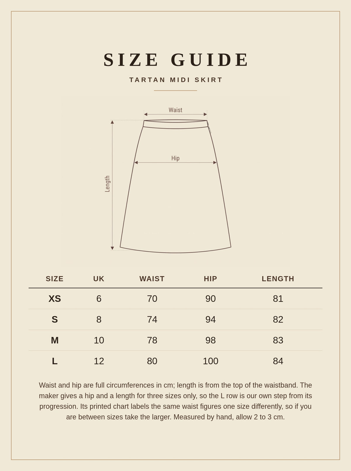 Size guide for the tartan midi skirt, sizes XS to L, UK 6 to 12