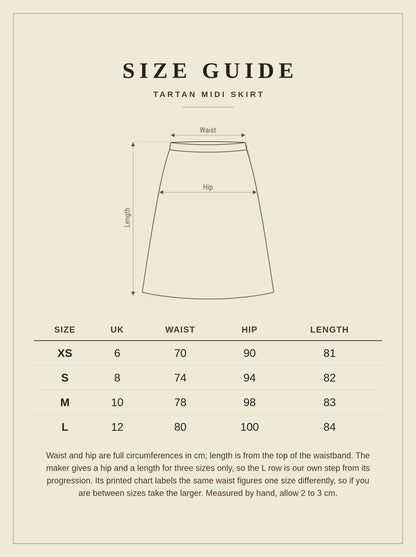 Size guide for the tartan midi skirt, sizes XS to L, UK 6 to 12