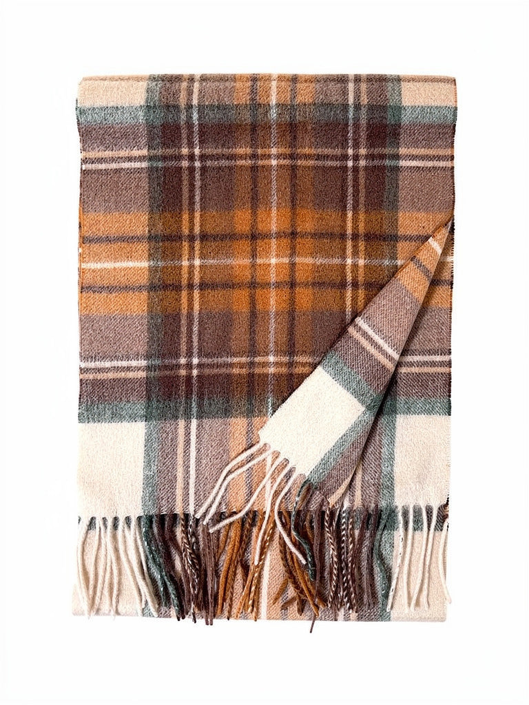 Tartan scarf in Bracken Check, brushed wool in tan, chocolate and cream, folded flat with twisted tassels