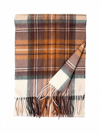 Tartan scarf in Bracken Check, brushed wool in tan, chocolate and cream, folded flat with twisted tassels