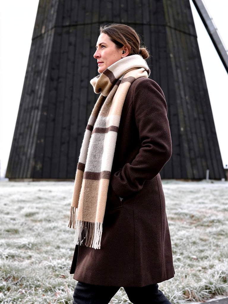 Brushed wool tartan scarf in Fawn Check worn looped over a dark brown winter coat