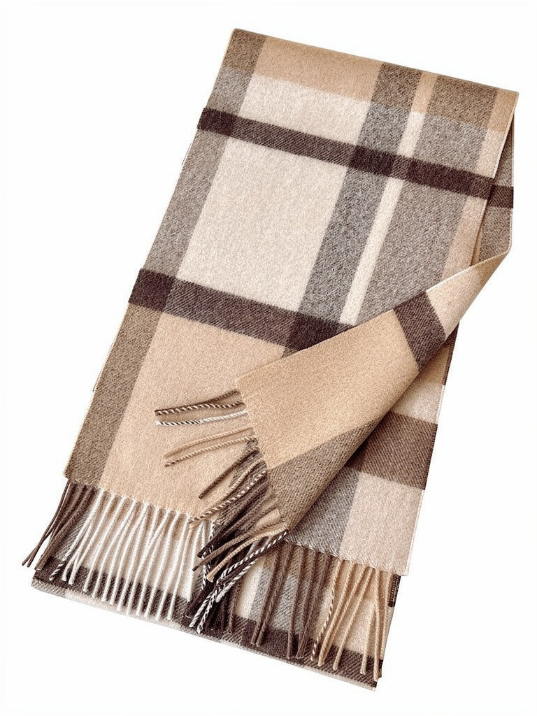 Tartan scarf in Fawn Check, pale camel and ivory brushed wool, folded flat with twisted tassels