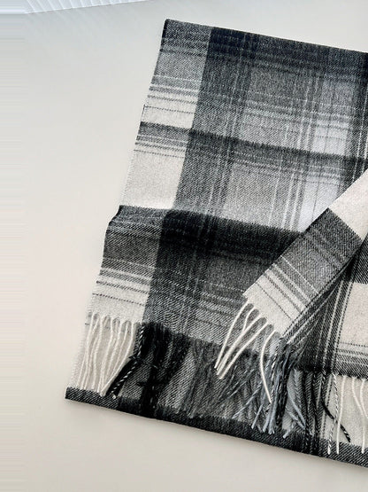 Brushed wool tartan scarf in Flint Check shown flat with its twisted tassels