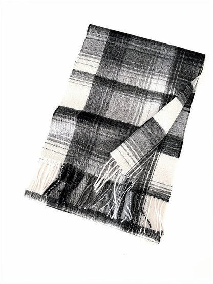 Tartan scarf in Flint Check, grey and ivory brushed wool, folded flat with twisted tassels