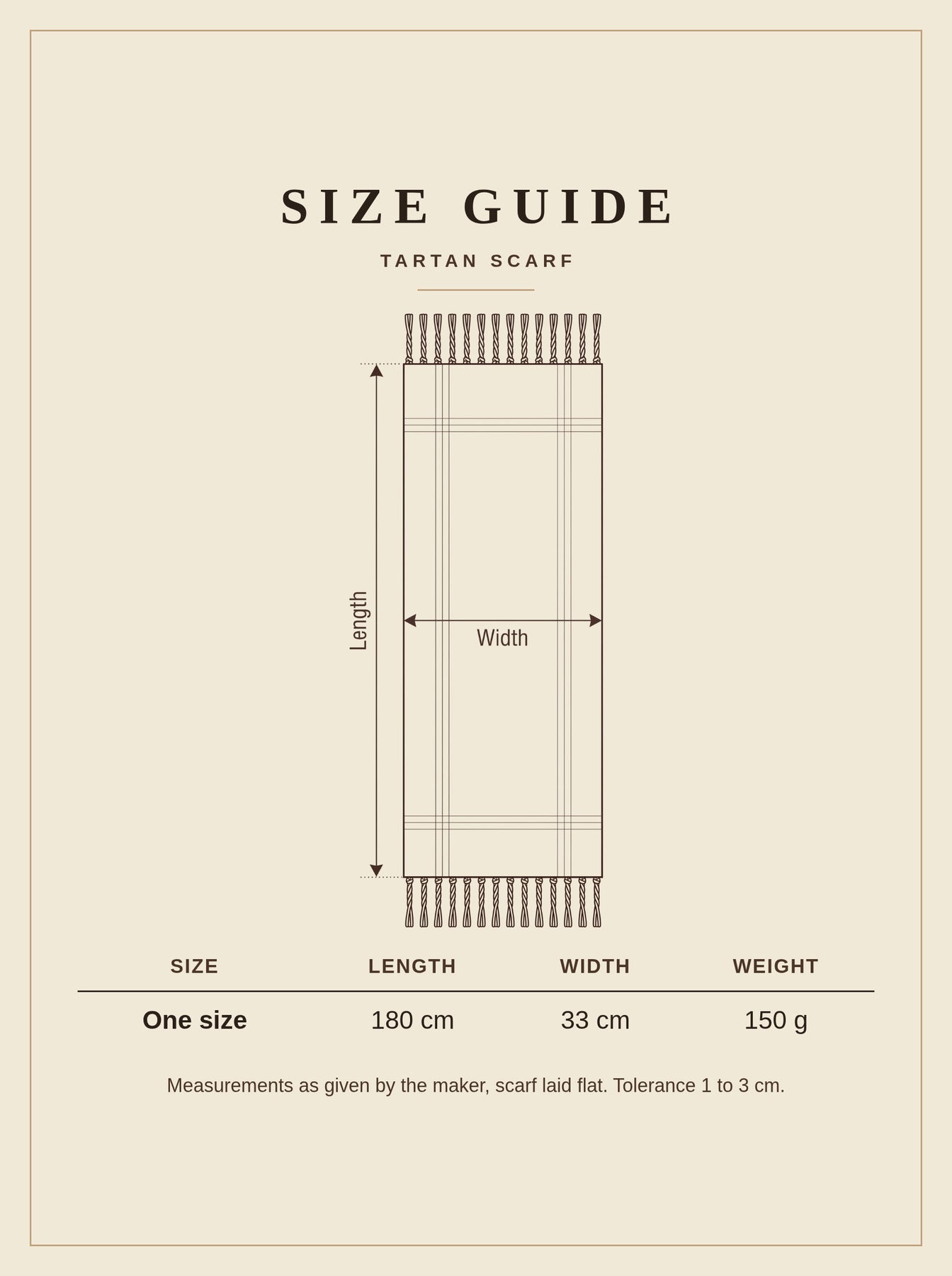 Size guide for the Willersey tartan scarf, one size, 180 cm long and 33 cm wide