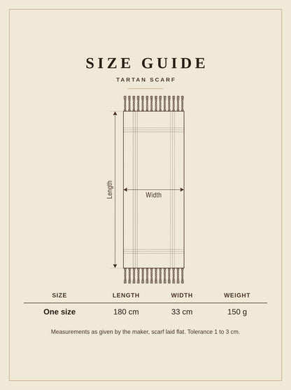 Size guide for the Willersey tartan scarf, one size, 180 cm long and 33 cm wide