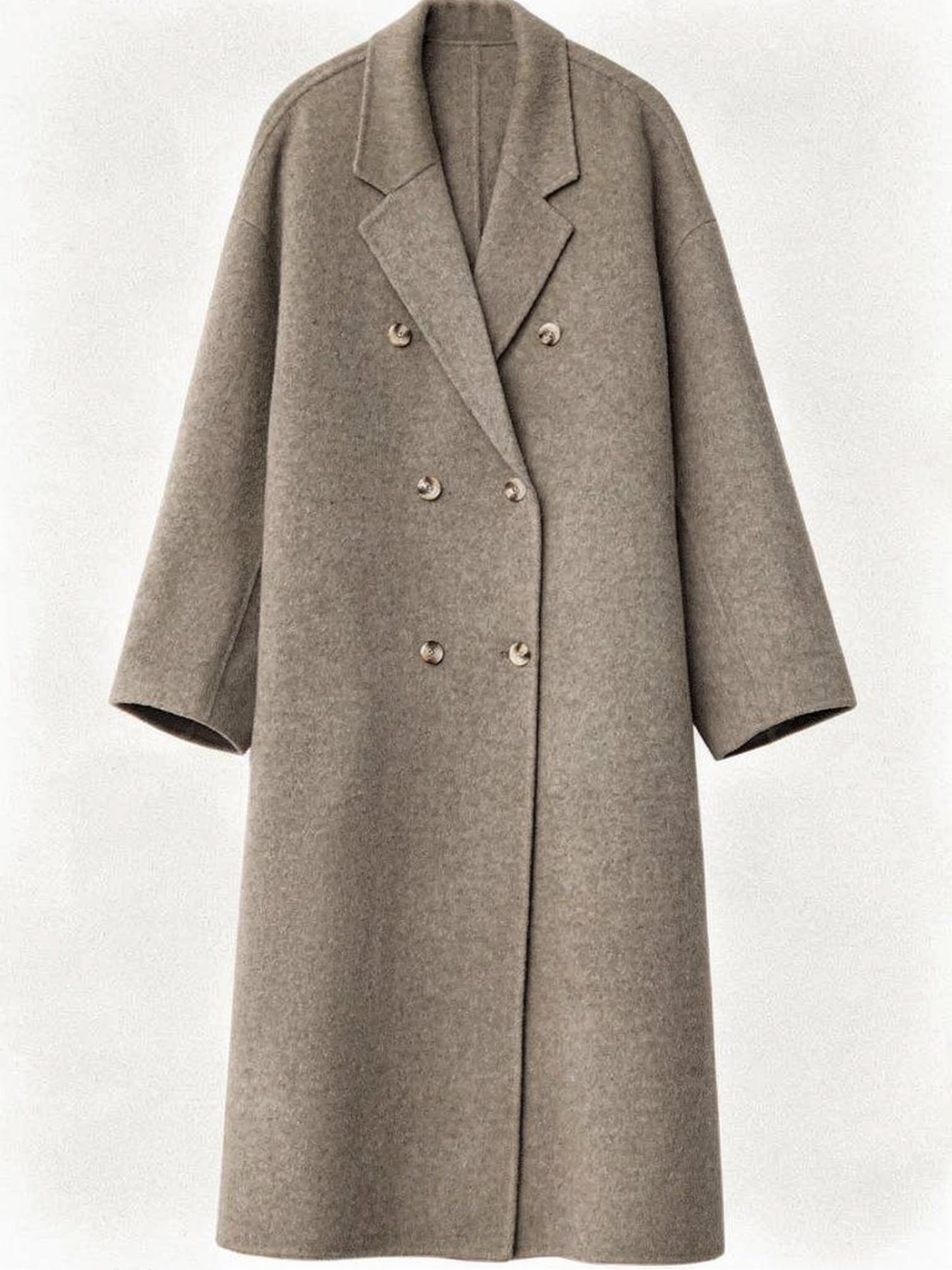 Wool coat in Porcini, double breasted on six horn buttons with wide notched lapels