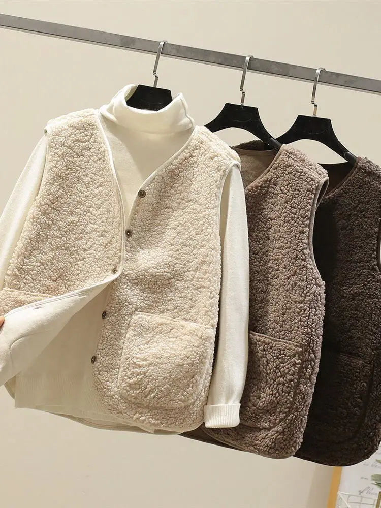 Teddy gilet in ivory, mocha and chocolate brown on hangers