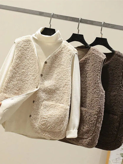 Teddy gilet in ivory, mocha and chocolate brown on hangers