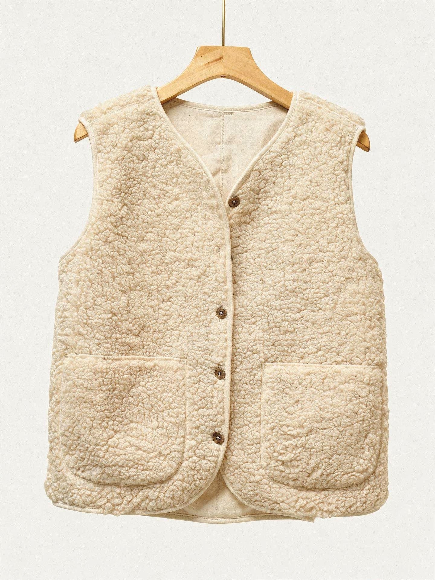 Ivory teddy borg gilet on a wooden hanger, front view