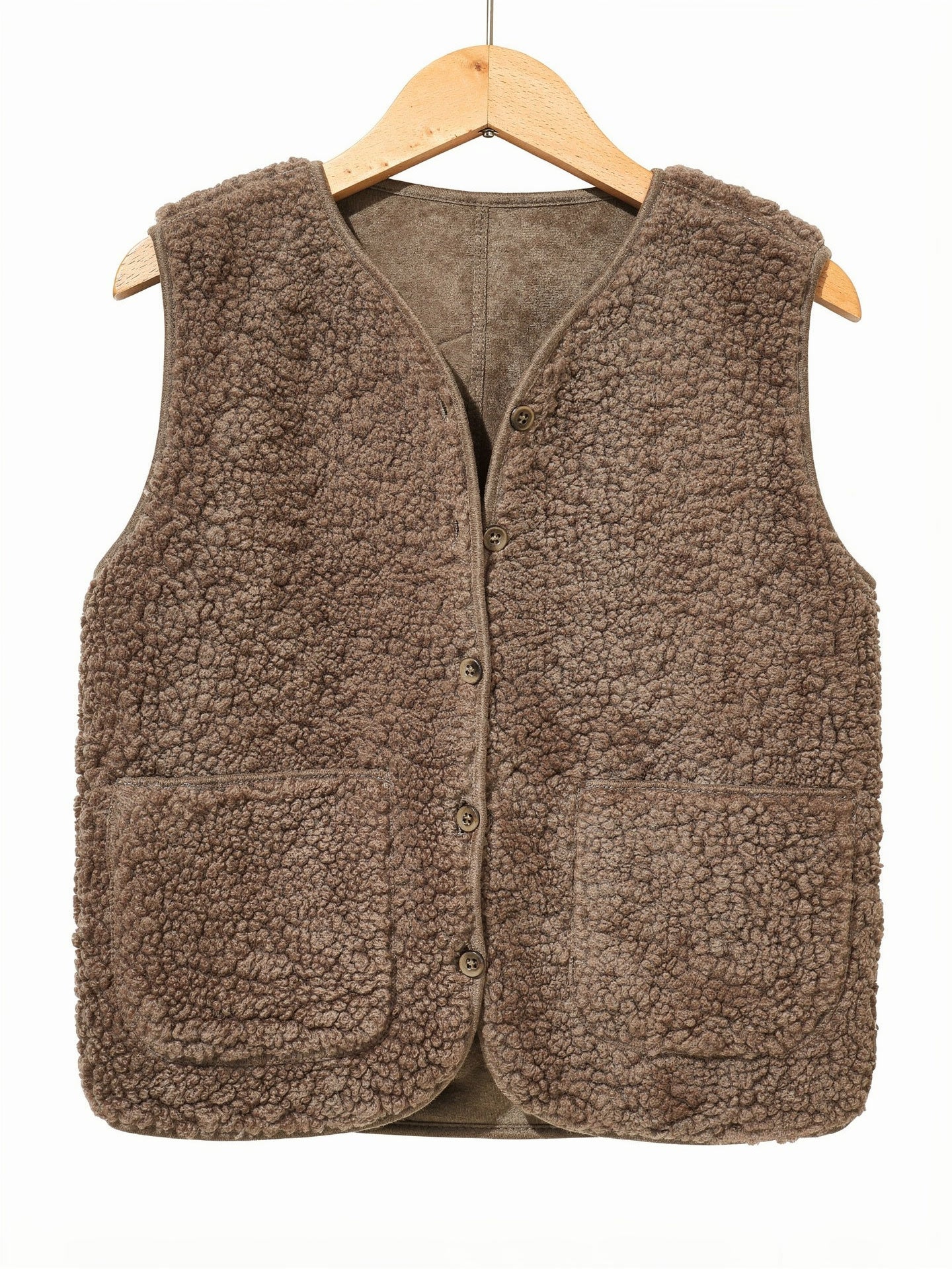Mocha teddy borg gilet on a wooden hanger, front view