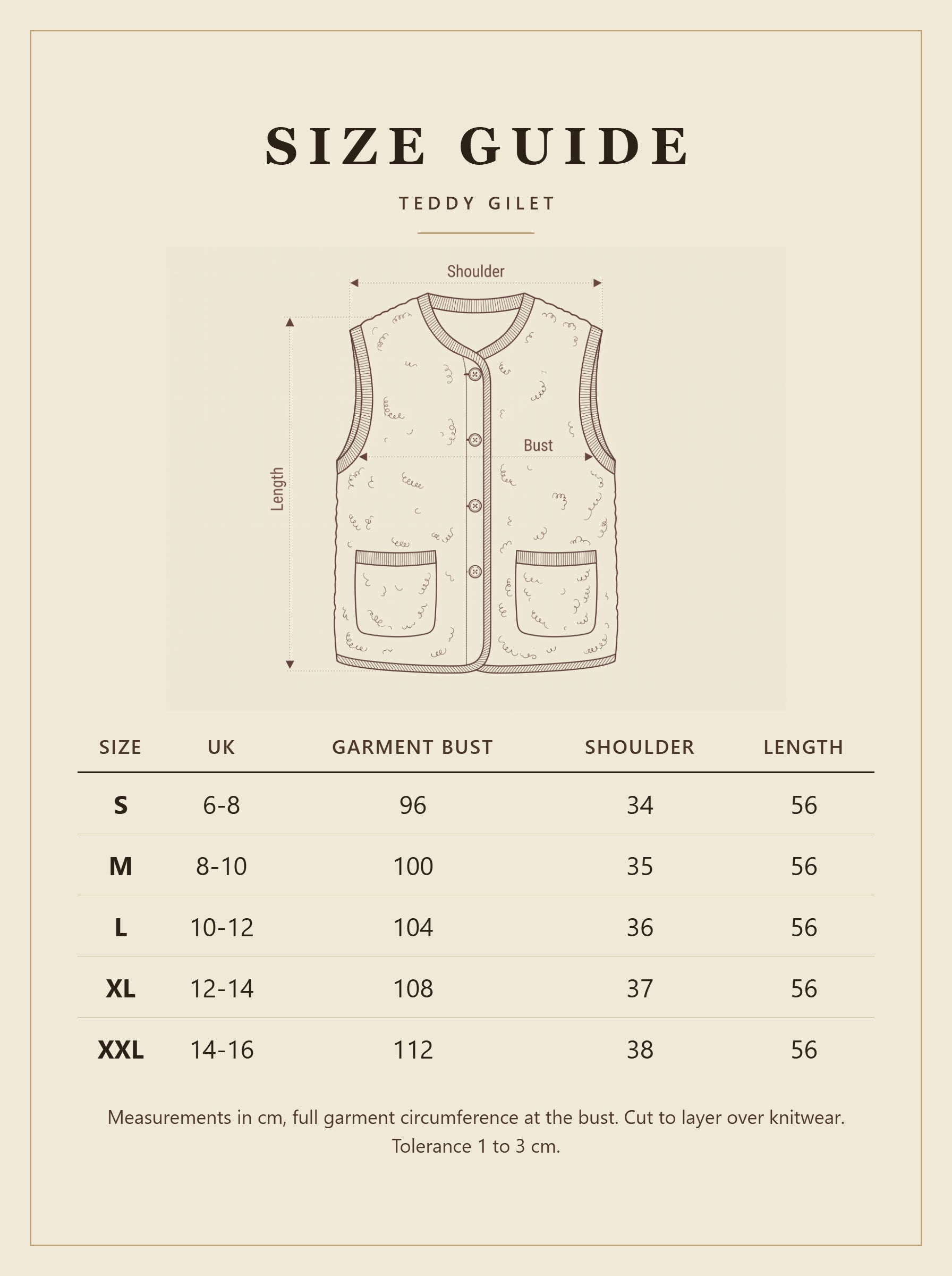 Teddy gilet size guide with UK sizes and garment measurements in cm