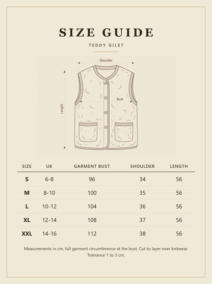 Teddy gilet size guide with UK sizes and garment measurements in cm