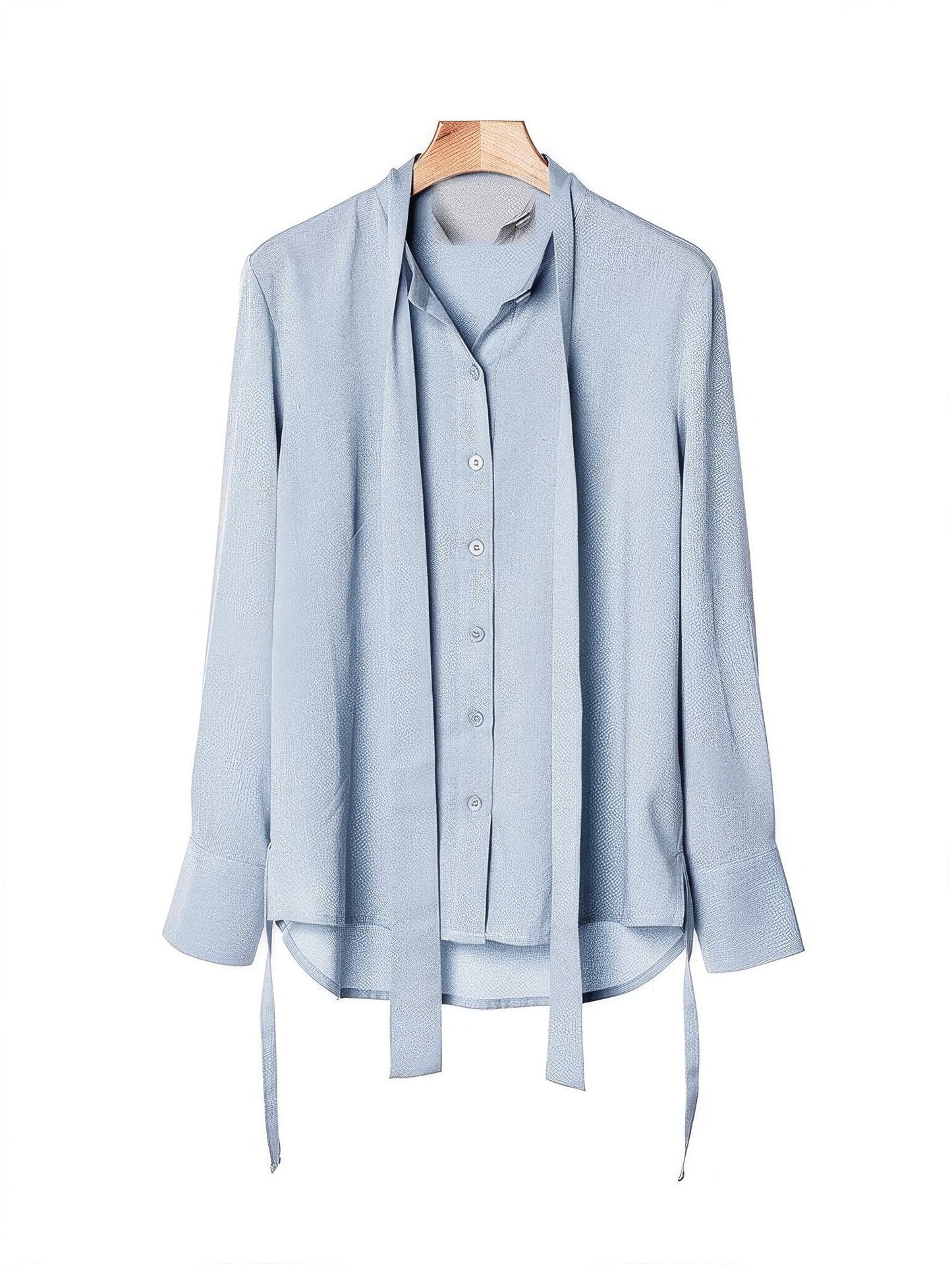 Powder blue tie-waist blouse on a hanger, front view, open collar and button through placket