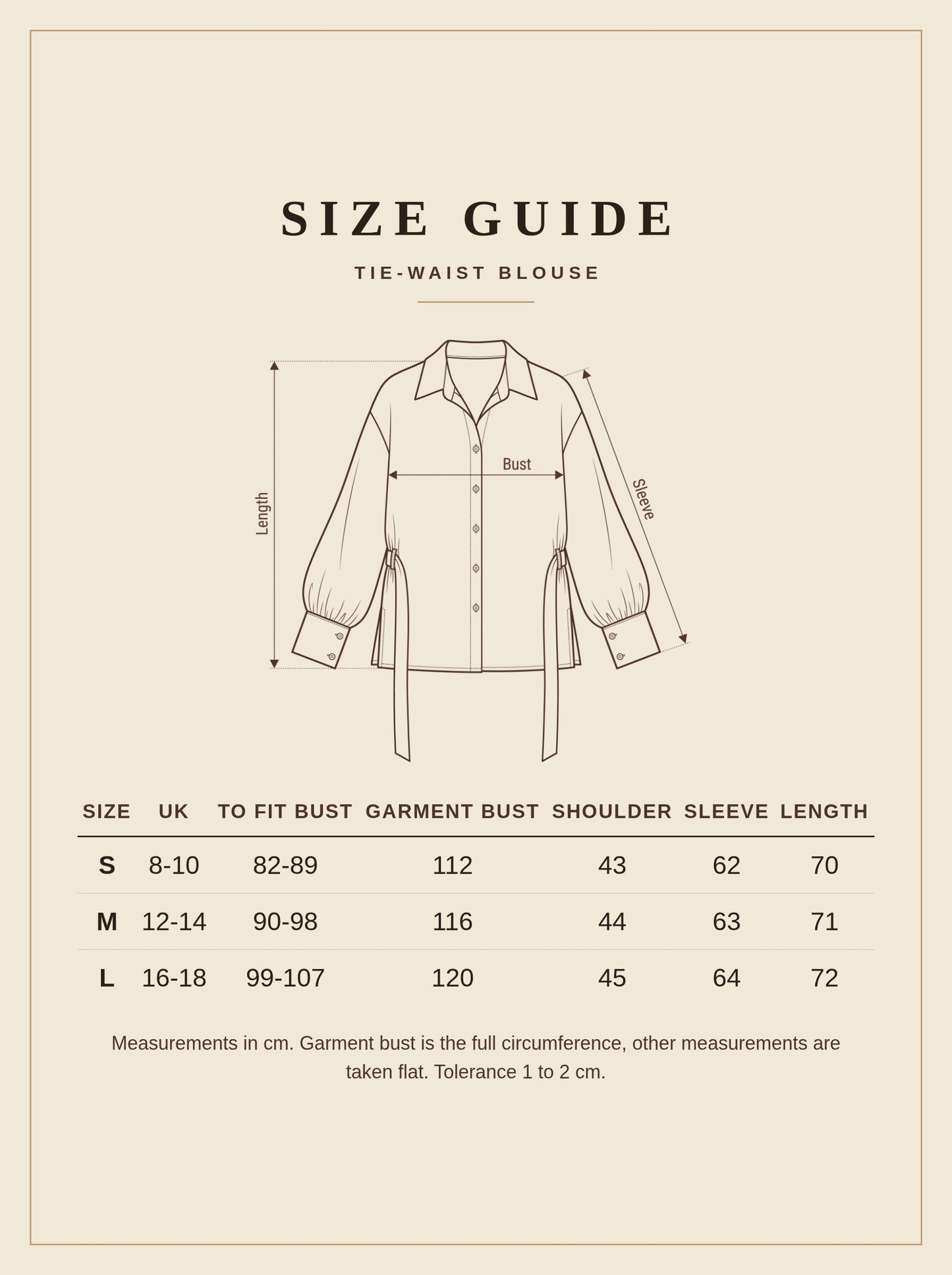 Size guide for the Kelmscott tie-waist blouse, sizes S to L in centimetres