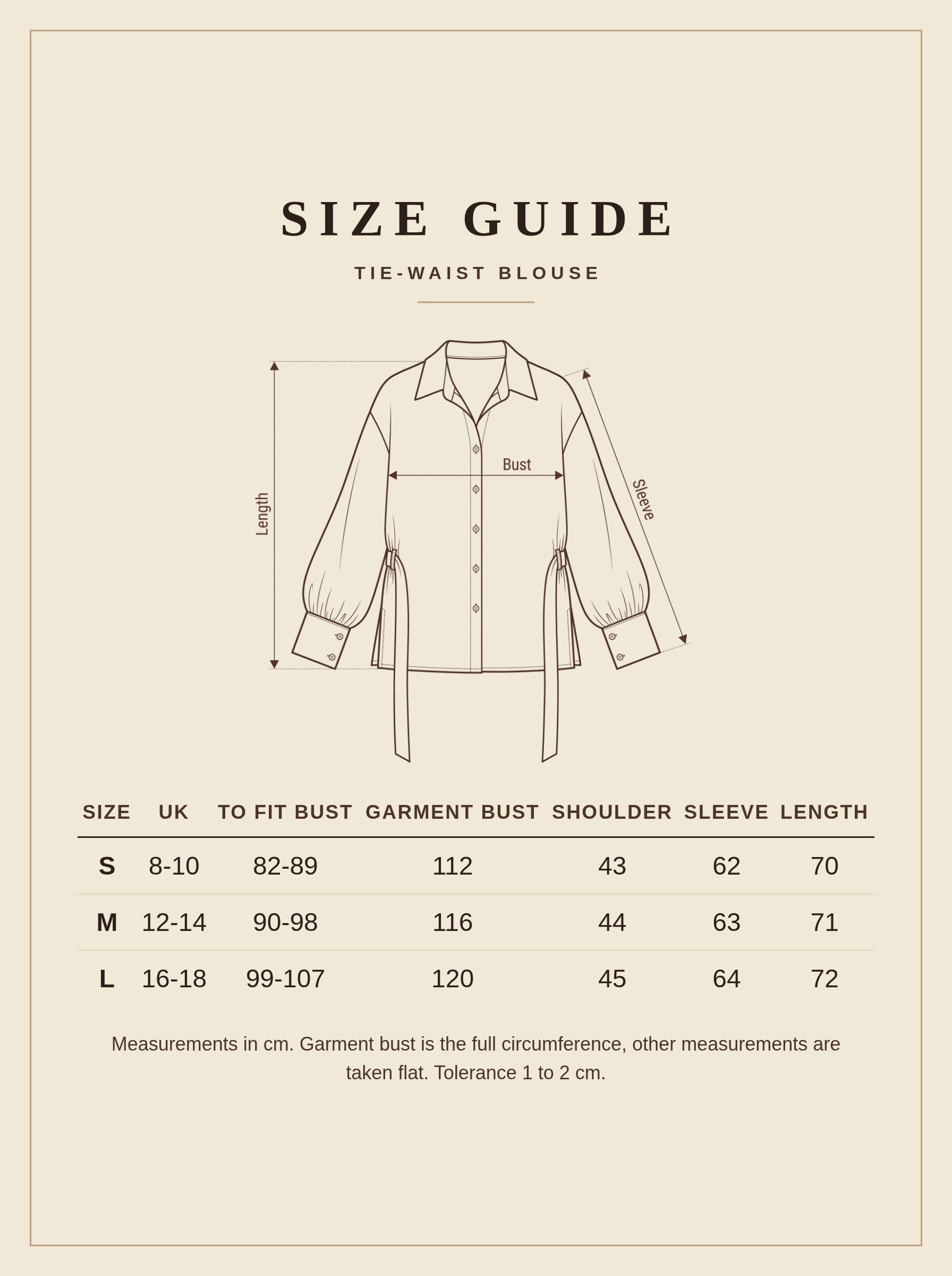 Size guide for the Kelmscott tie-waist blouse, sizes S to L in centimetres