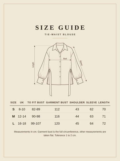Size guide for the Kelmscott tie-waist blouse, sizes S to L in centimetres