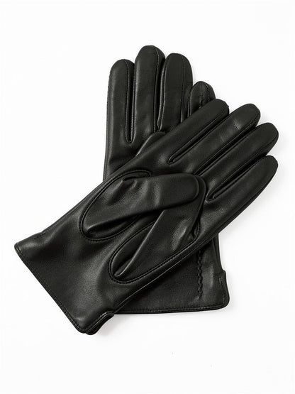 Pair of black touch screen gloves in fleece lined faux leather, laid flat