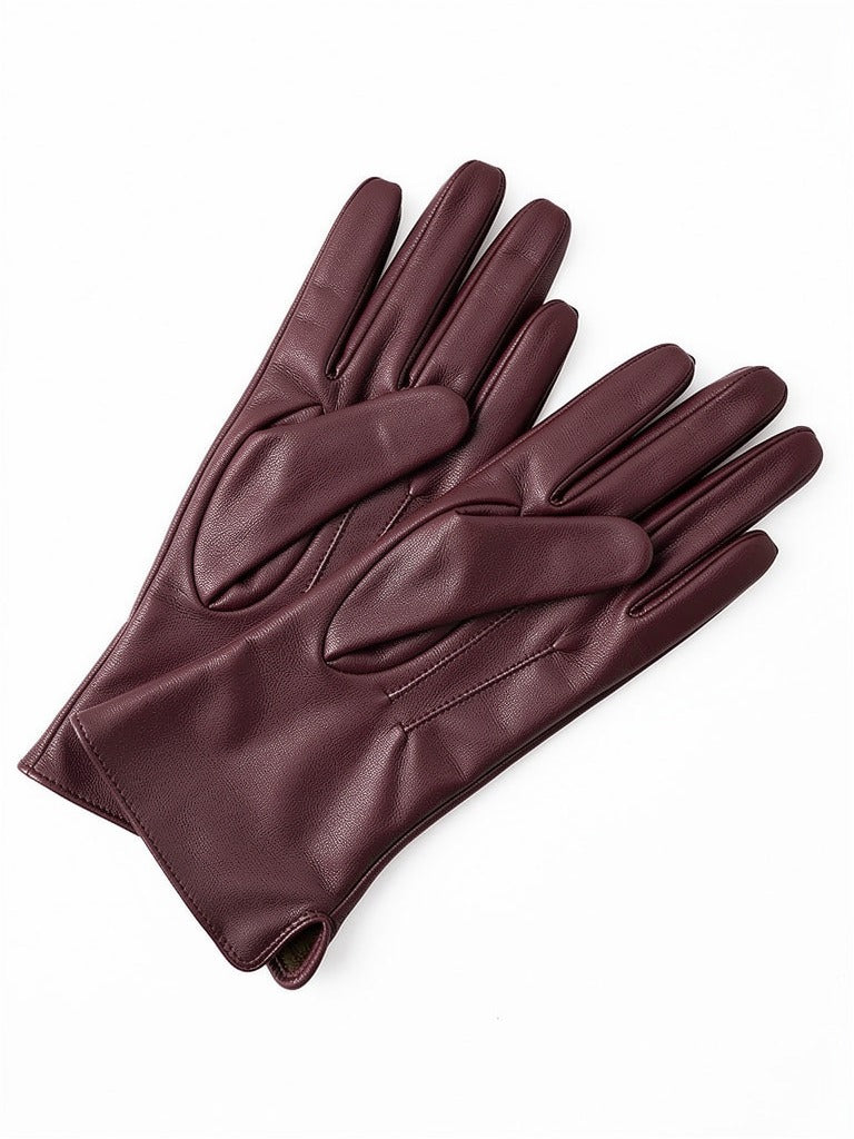 Pair of burgundy touch screen gloves in fleece lined faux leather, laid flat
