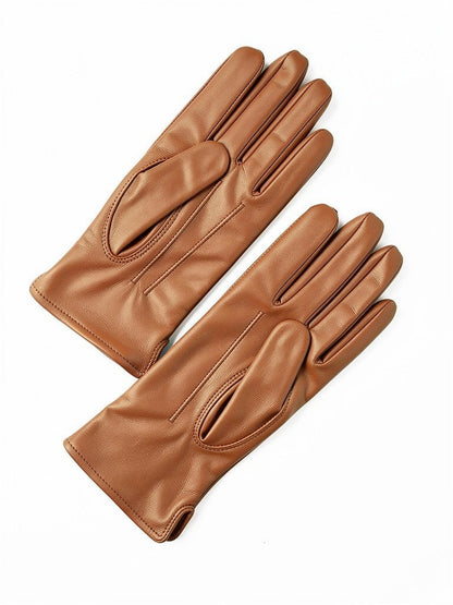 Pair of cognac touch screen gloves in fleece lined faux leather, laid flat