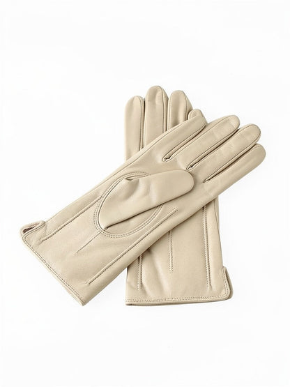 Pair of ivory touch screen gloves in fleece lined faux leather, laid flat