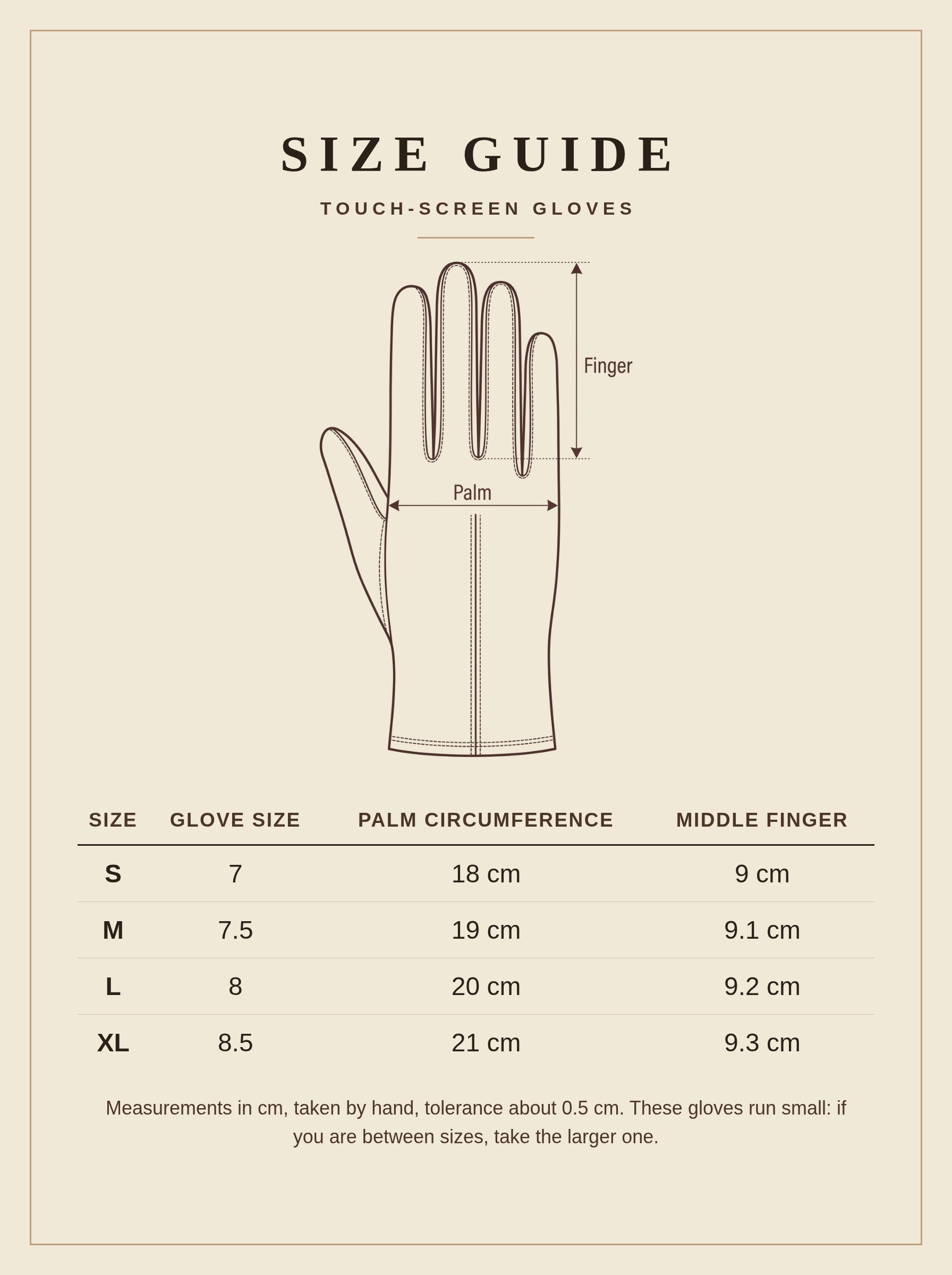 Size guide for the Ombersley touch screen gloves, sizes S to XL