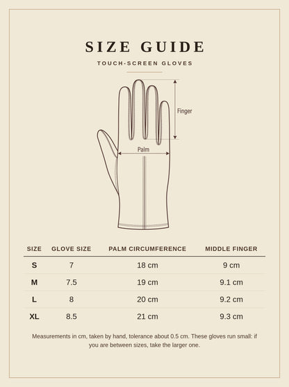 Size guide for the Ombersley touch screen gloves, sizes S to XL
