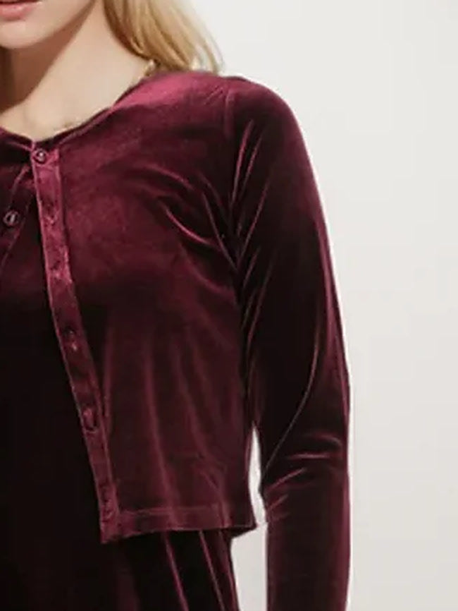Velvet co-ord in Barolo, button placket and cropped hem of the velvet cardigan
