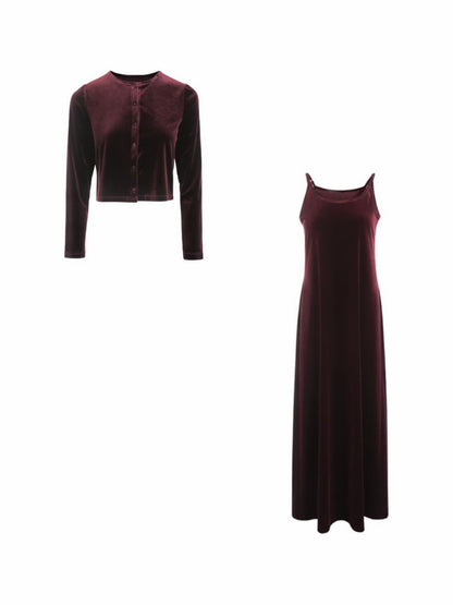 Velvet co-ord in Barolo, the cropped cardigan and the strappy midi dress shown together