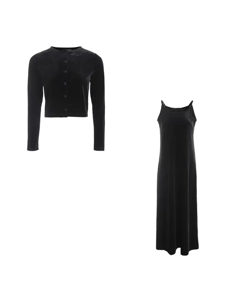 Velvet co-ord in Black, the cropped cardigan and the strappy midi dress shown together