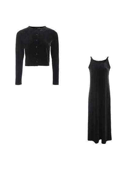 Velvet co-ord in Black, the cropped cardigan and the strappy midi dress shown together