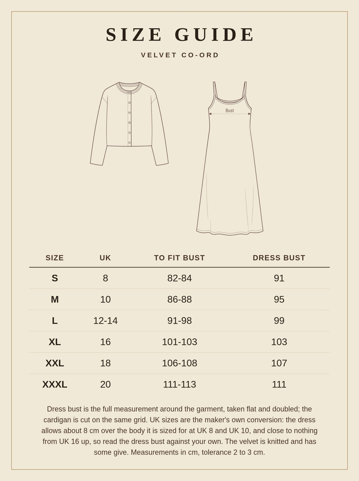 Size guide for the Westcote velvet co-ord, UK 8 to 20