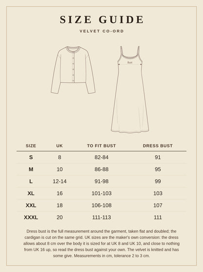 Size guide for the Westcote velvet co-ord, UK 8 to 20