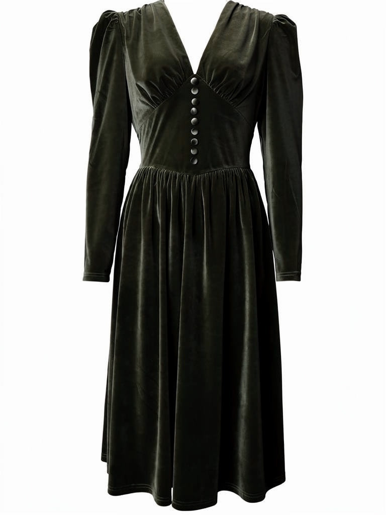 Velvet midi dress in Loden Green, front packshot showing the covered button V neck