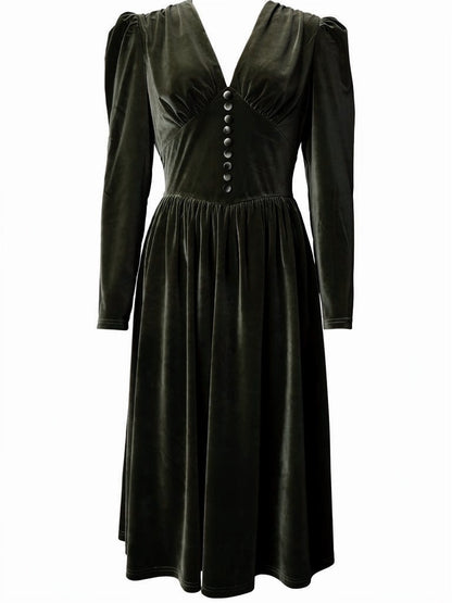 Velvet midi dress in Loden Green, front packshot showing the covered button V neck