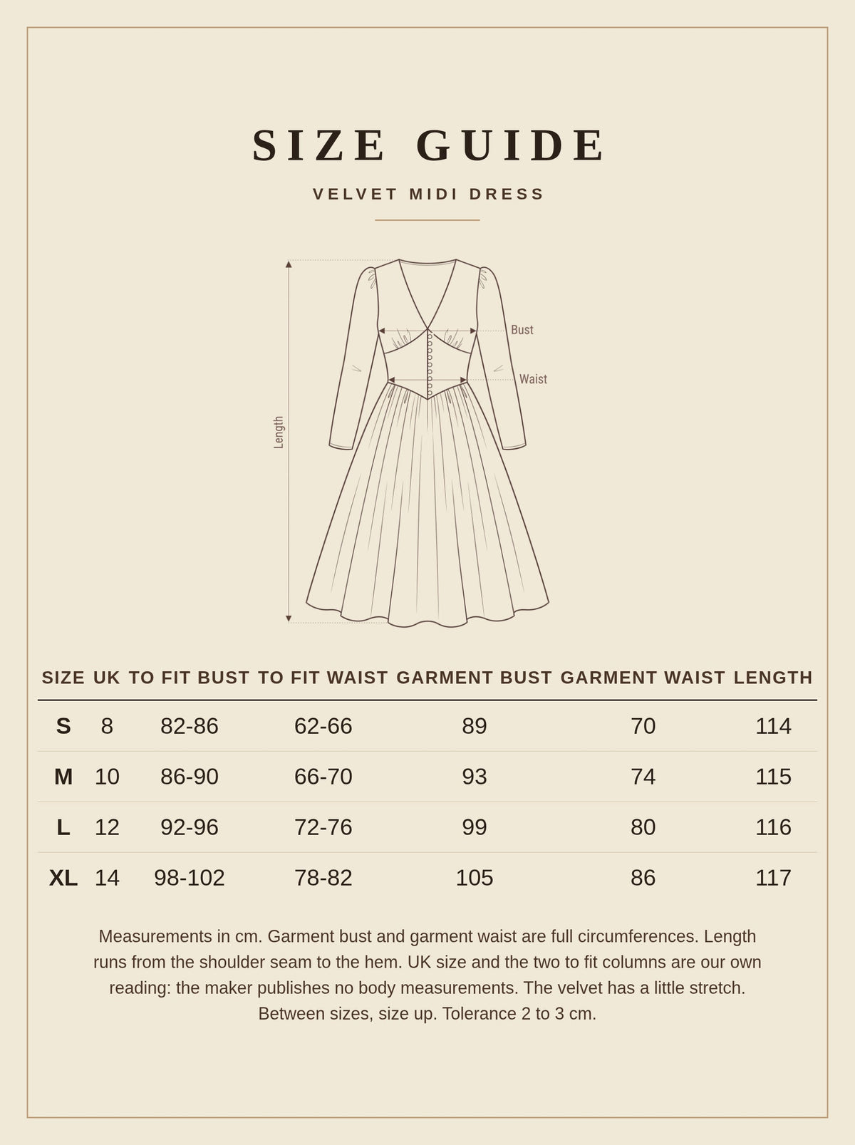 Size guide for the velvet midi dress, sizes S to XL, UK 8 to 14