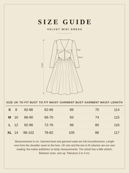 Size guide for the velvet midi dress, sizes S to XL, UK 8 to 14