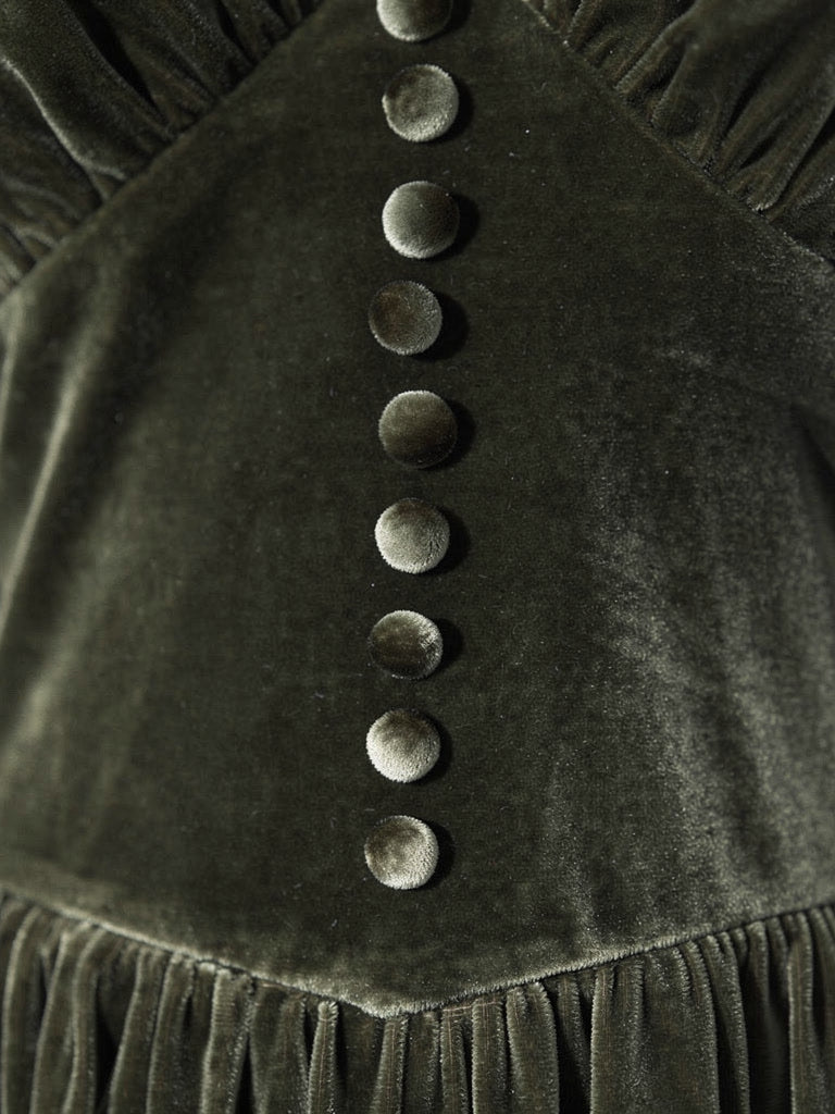 Close up of the velvet pile and the self covered buttons of the velvet midi dress