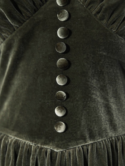 Close up of the velvet pile and the self covered buttons of the velvet midi dress