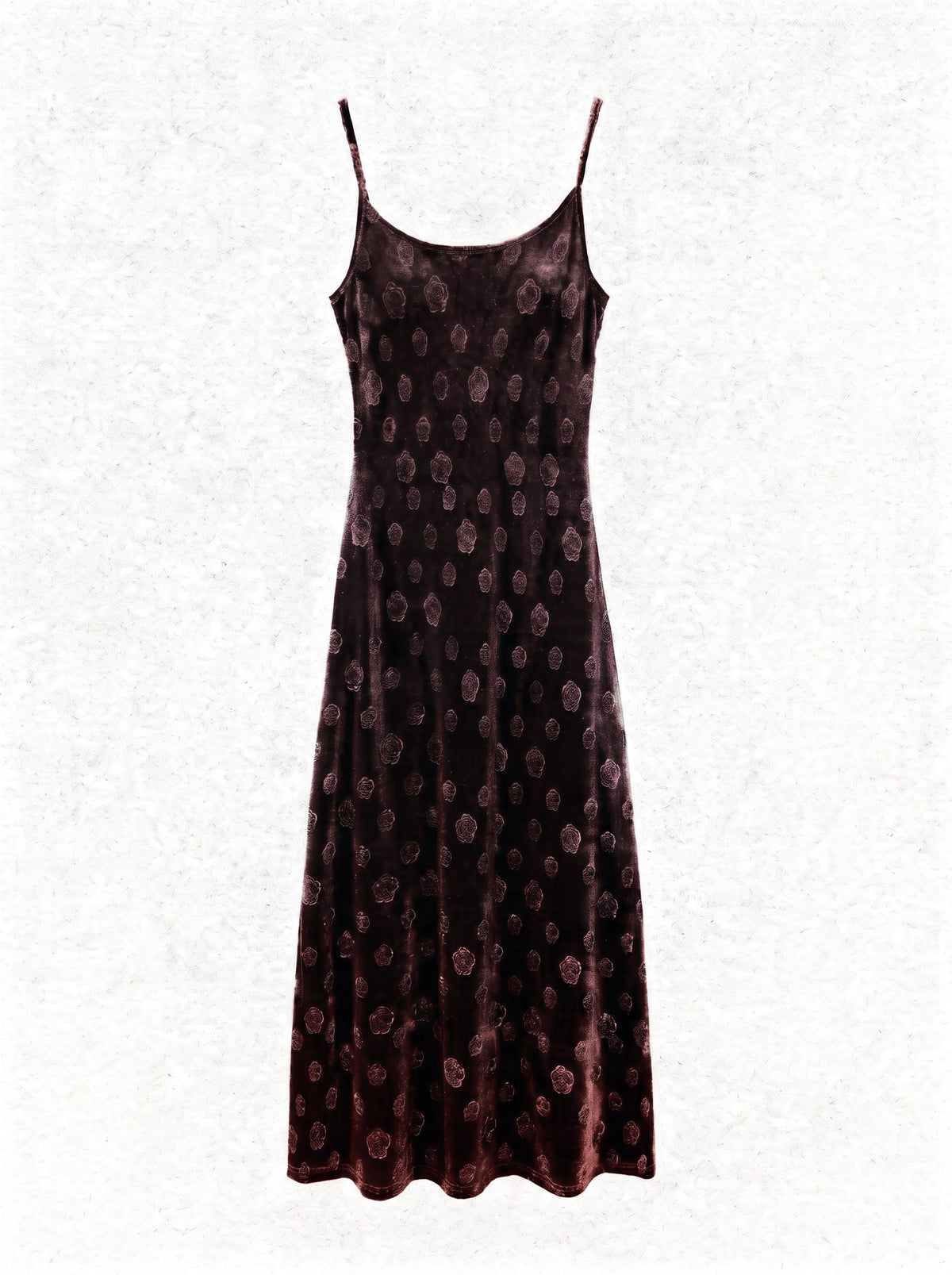 Velvet slip dress in Havana brown shown from the front, fine straps and scoop neck