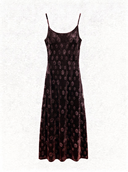 Velvet slip dress in Havana brown shown from the front, fine straps and scoop neck