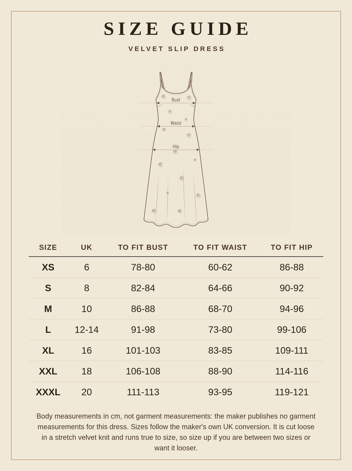 Size guide for the velvet slip dress, UK 6 to 20 with body measurements in centimetres