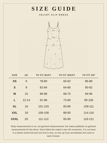 Size guide for the velvet slip dress, UK 6 to 20 with body measurements in centimetres