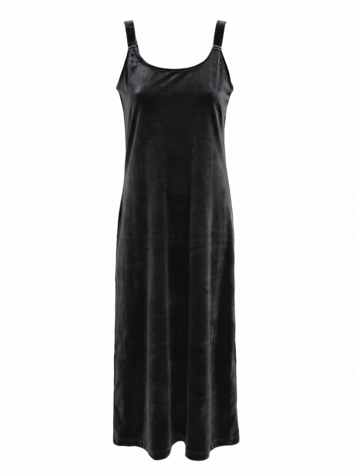 Velvet strap dress in black, front view showing the wide scoop neck and fine straps