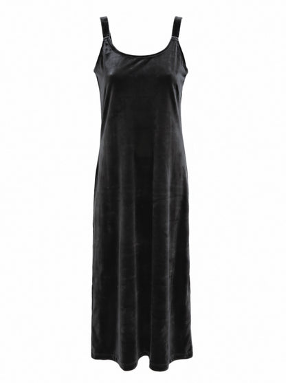 Velvet strap dress in black, front view showing the wide scoop neck and fine straps