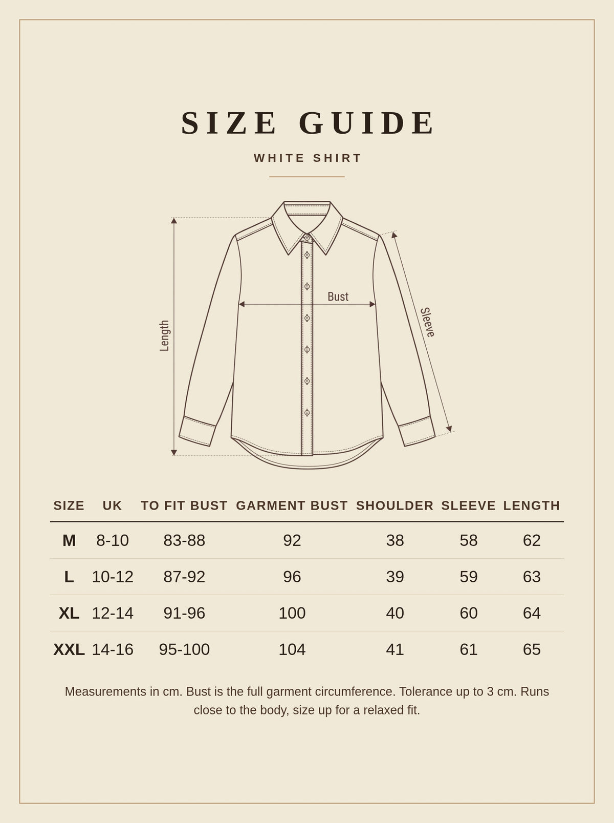 Size guide for the white shirt, sizes M to XXL, measurements in centimetres