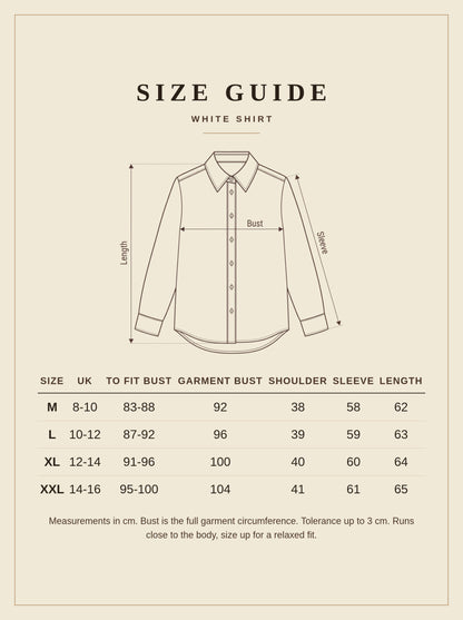 Size guide for the white shirt, sizes M to XXL, measurements in centimetres
