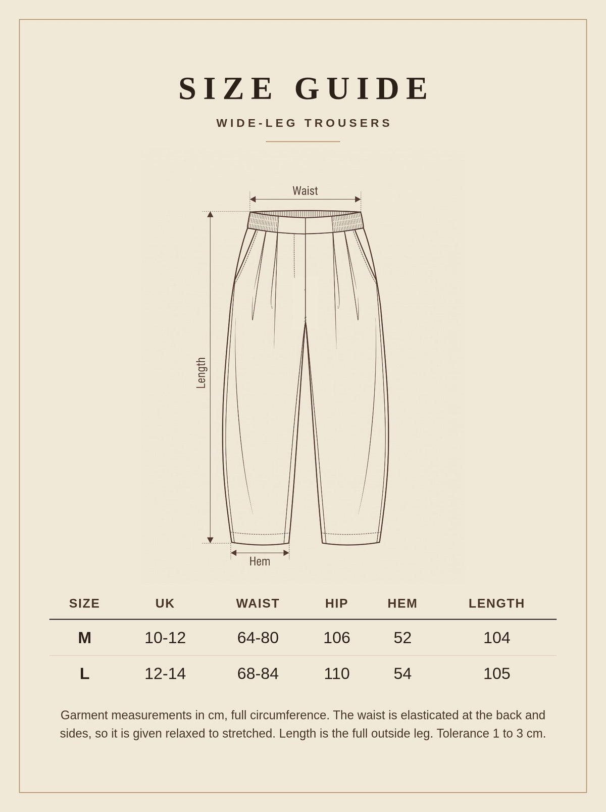 Size guide for the Kemble wide-leg trousers with waist, hip, hem and length measurements in cm
