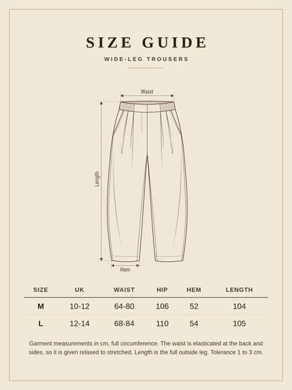 Size guide for the Kemble wide-leg trousers with waist, hip, hem and length measurements in cm