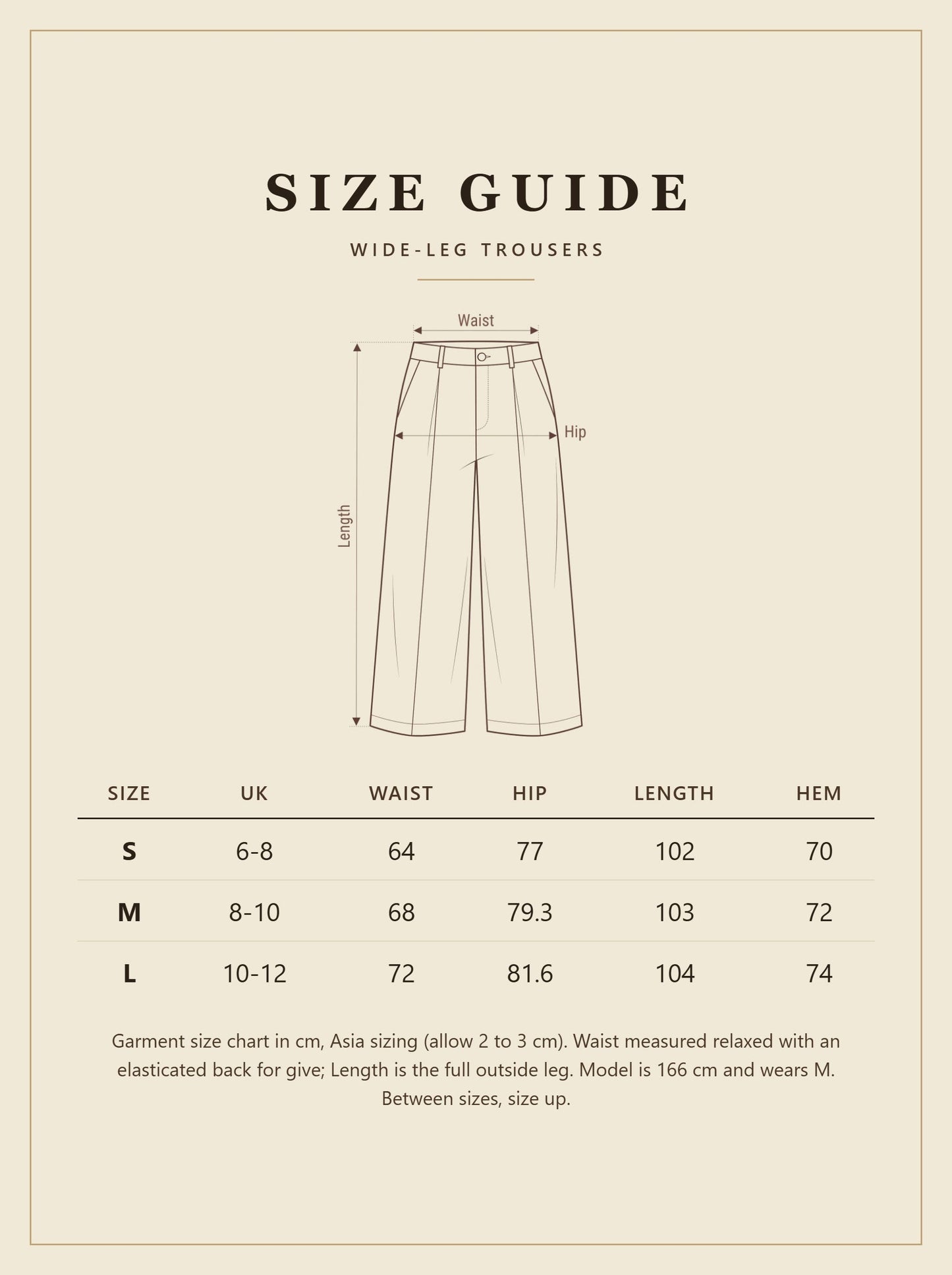 Winsley wide-leg trousers size guide with waist, hip, length and hem measurements in cm